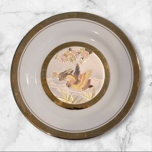 The Art of Chokin Plate Flower Blossom Duck Water Fowl Bird Vintage Japan 24k